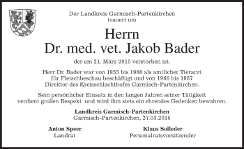 Traueranzeige von Jakob Bader von merkurtz