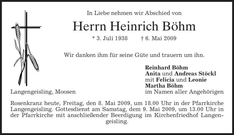  Traueranzeige für Heinrich Böhm vom 08.05.2009 aus MERKUR & TZ