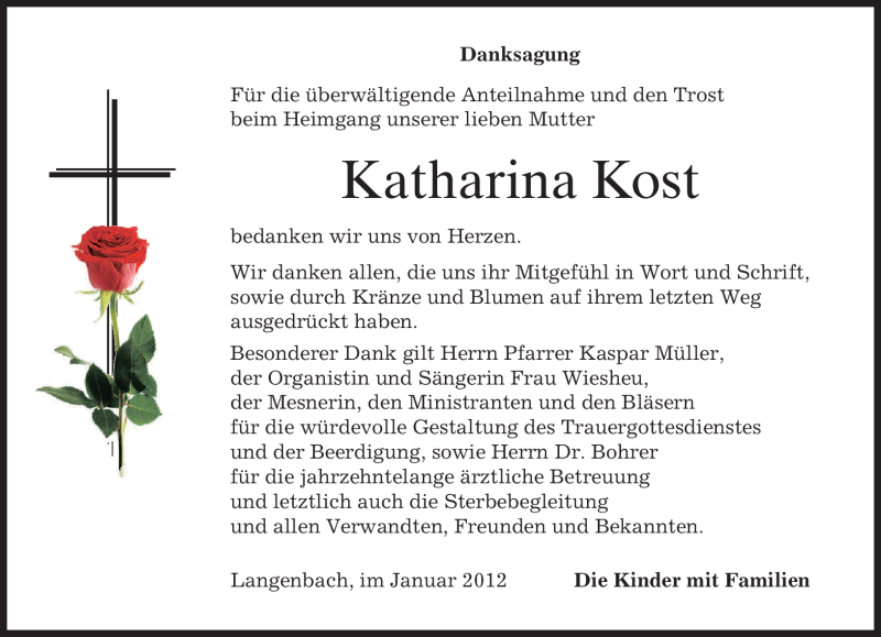  Traueranzeige für Katharina Kost vom 28.01.2012 aus MERKUR & TZ