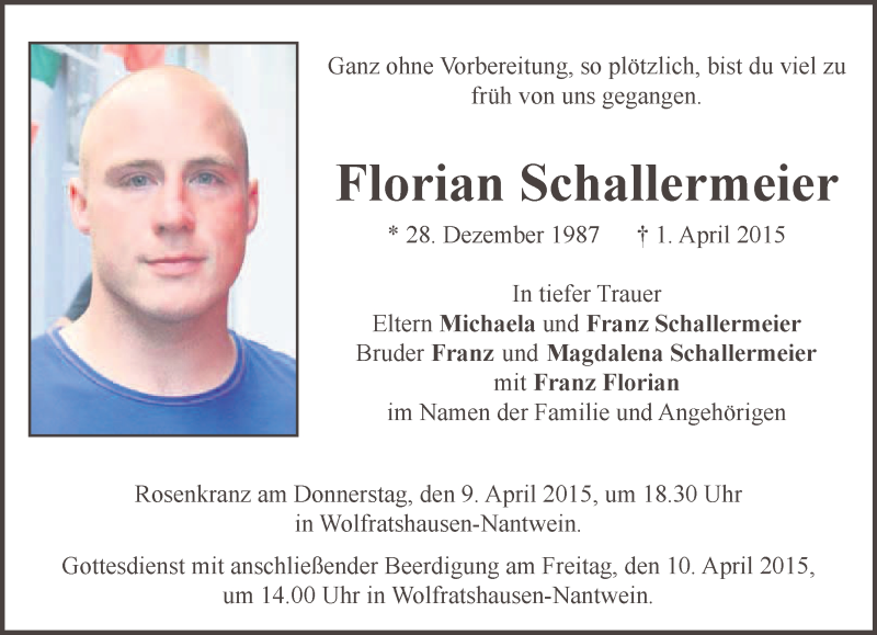  Traueranzeige für Florian Schallermeier vom 08.04.2015 aus merkurtz