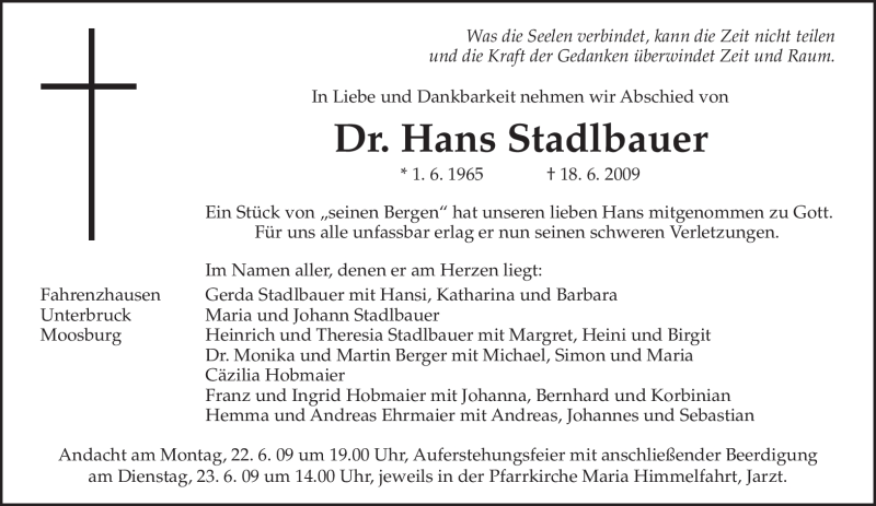  Traueranzeige für Hans Stadlbauer vom 20.06.2009 aus MERKUR & TZ