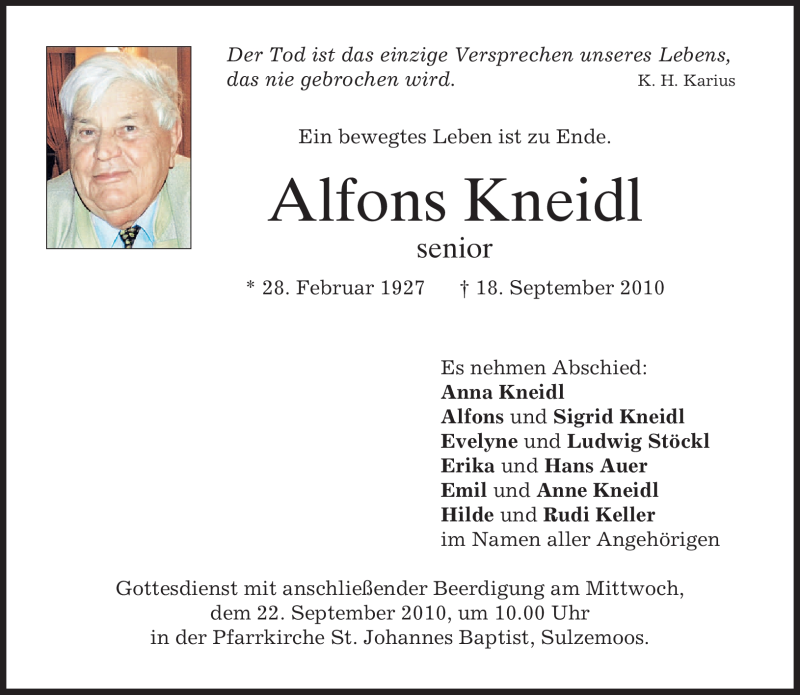  Traueranzeige für Alfons Kneidl vom 20.09.2010 aus MERKUR & TZ
