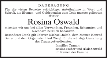 Traueranzeige von Rosina Oswald von MERKUR & TZ