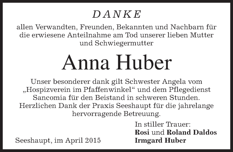  Traueranzeige für Anna Huber vom 21.04.2015 aus merkurtz