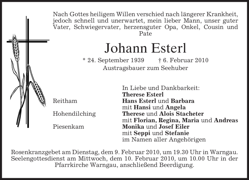  Traueranzeige für Johann Esterl vom 08.02.2010 aus MERKUR & TZ