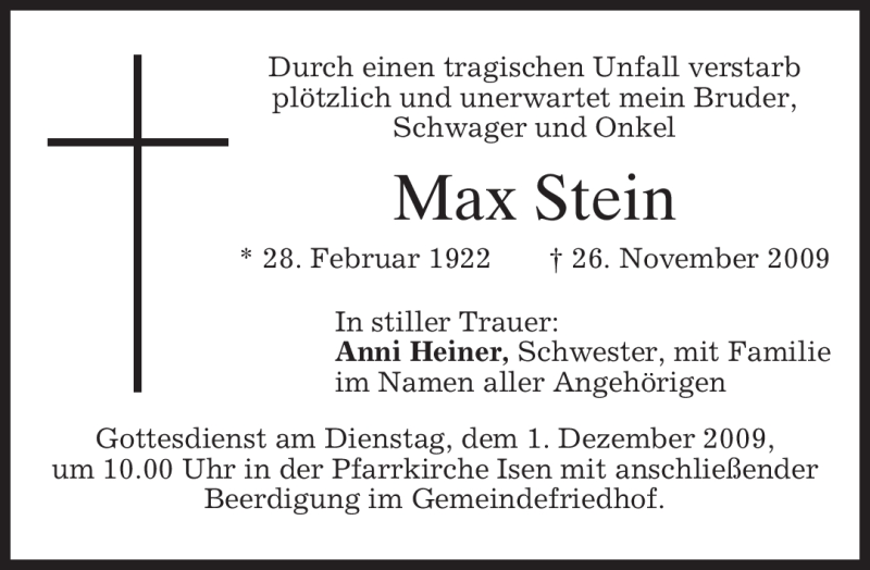  Traueranzeige für Max Stein vom 30.11.2009 aus MERKUR & TZ
