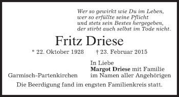 Traueranzeige von Fritz Driese von merkurtz