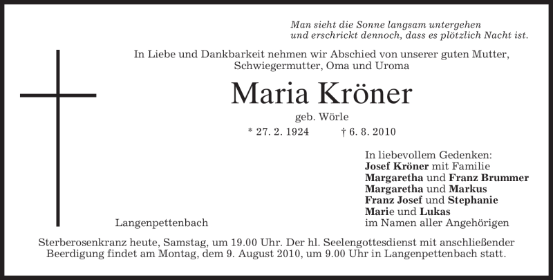  Traueranzeige für Maria Kröner vom 07.08.2010 aus MERKUR & TZ