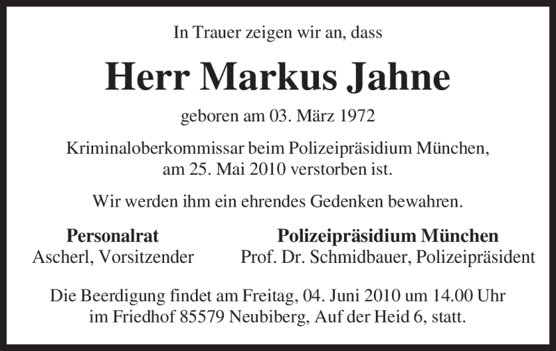  Traueranzeige für Markus Jahne vom 01.06.2010 aus MERKUR & TZ
