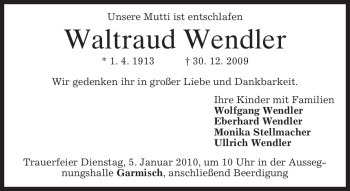 Traueranzeige von Waltraud Wendler von MERKUR & TZ