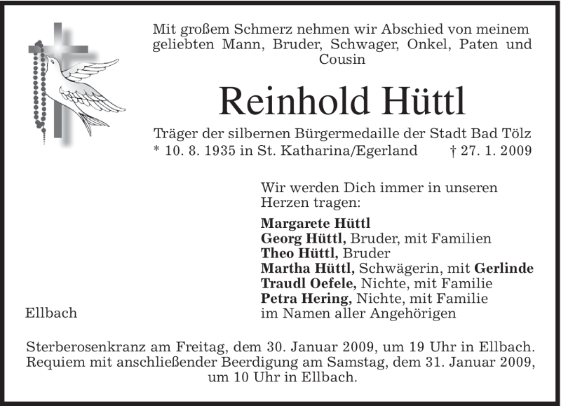  Traueranzeige für Reinhold Hüttl vom 29.01.2009 aus MERKUR & TZ