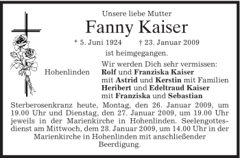 Traueranzeige von Fanny Kaiser von MERKUR & TZ