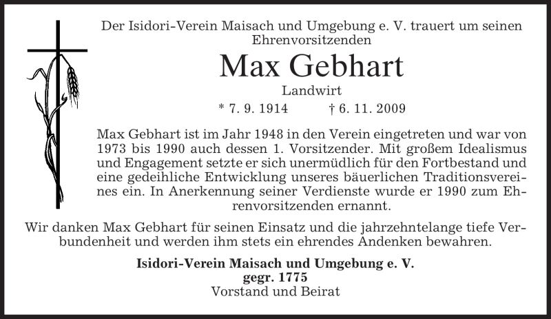  Traueranzeige für Max Gebhart vom 10.11.2009 aus MERKUR & TZ