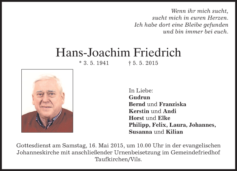 Traueranzeigen von Hans-Joachim Friedrich | trauer.merkur.de