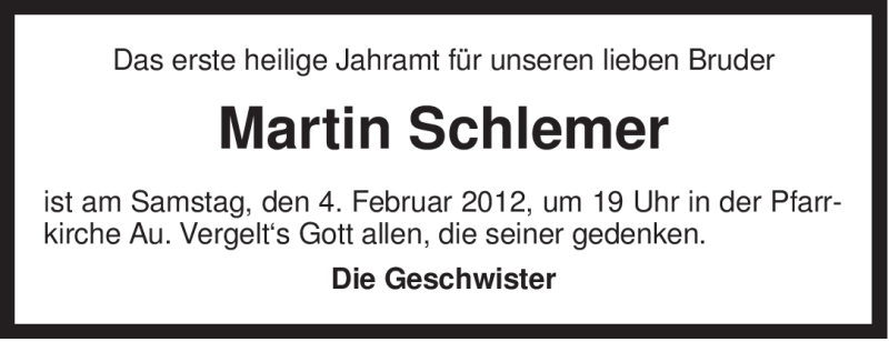  Traueranzeige für Martin Schlemer vom 03.02.2012 aus MERKUR & TZ