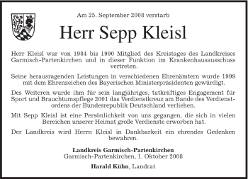  Traueranzeige für Sepp Kleisl vom 02.10.2008 aus MERKUR & TZ