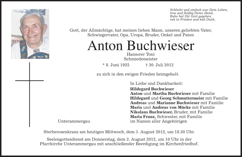  Traueranzeige für Anton Buchwieser vom 01.08.2012 aus MERKUR & TZ