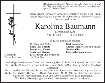 Traueranzeige von Karolina Baumann von MERKUR & TZ