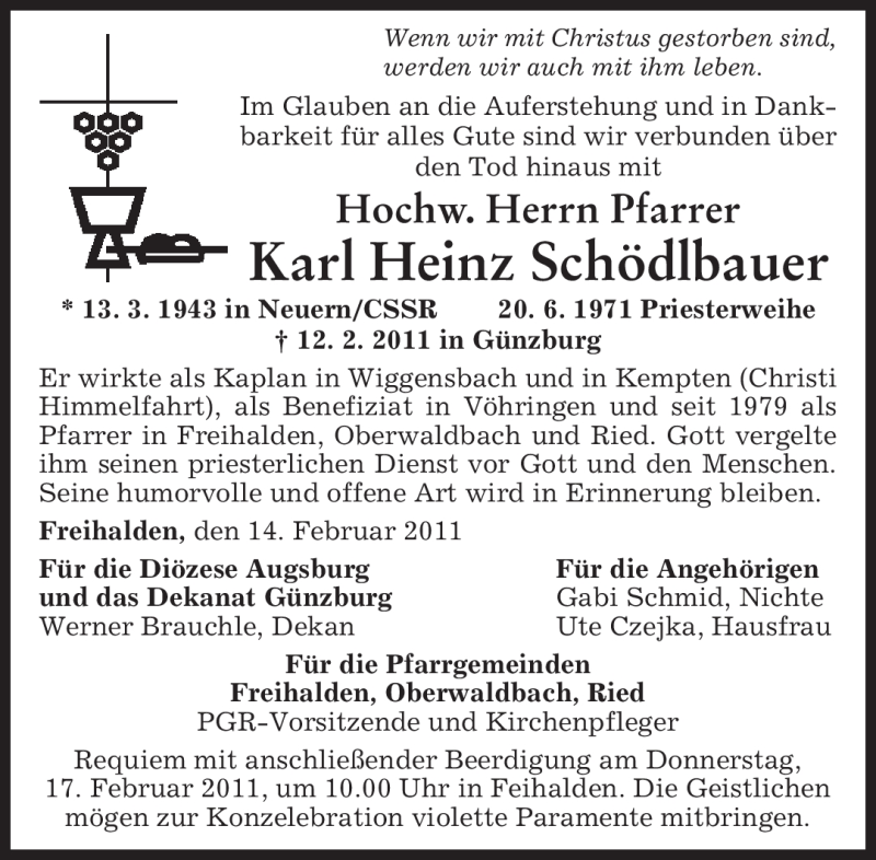  Traueranzeige für Karl Heinz Schödlbauer vom 15.02.2011 aus MERKUR & TZ