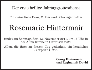 Traueranzeige von Rosemarie Hintermair von MERKUR & TZ