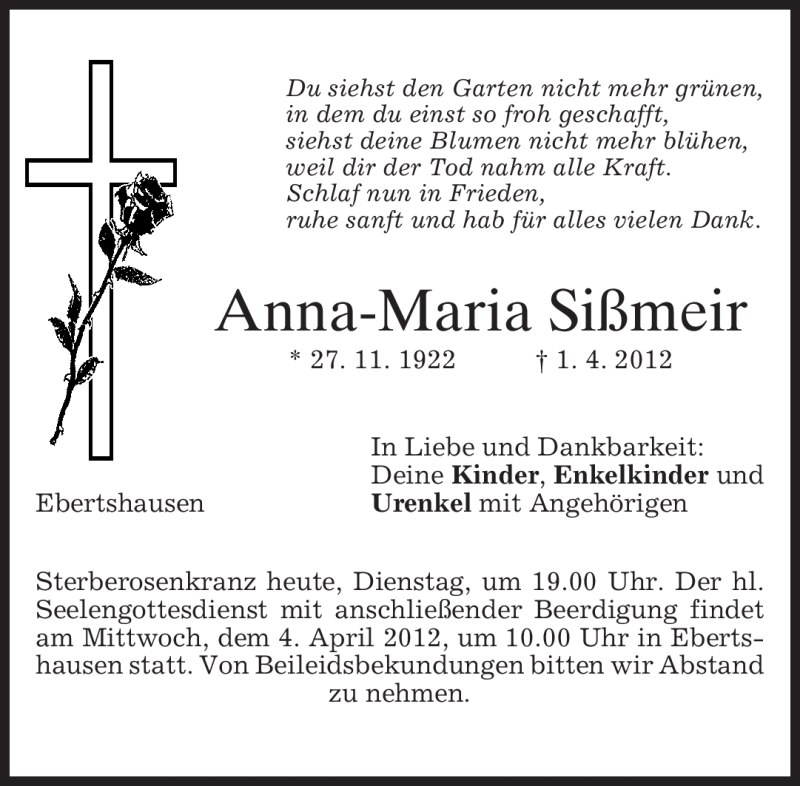  Traueranzeige für Anna-Maria Sißmeir vom 03.04.2012 aus MERKUR & TZ