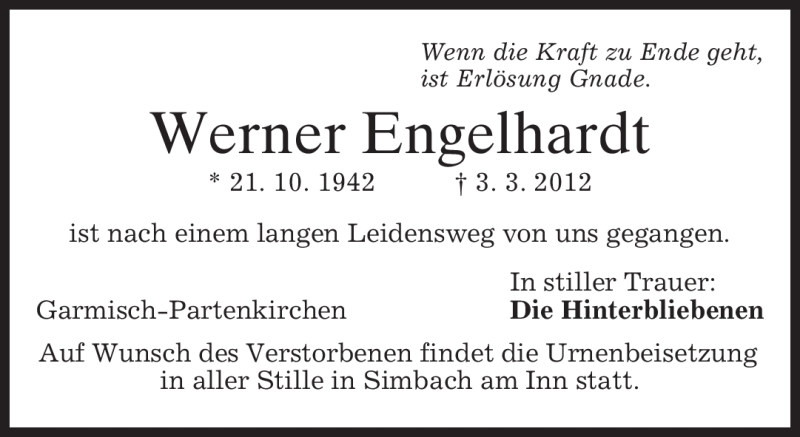  Traueranzeige für Werner Engelhardt vom 10.03.2012 aus MERKUR & TZ