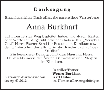 Traueranzeige von Anna Burkhart von MERKUR & TZ