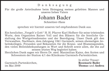 Traueranzeige von Johann Bader von MERKUR & TZ