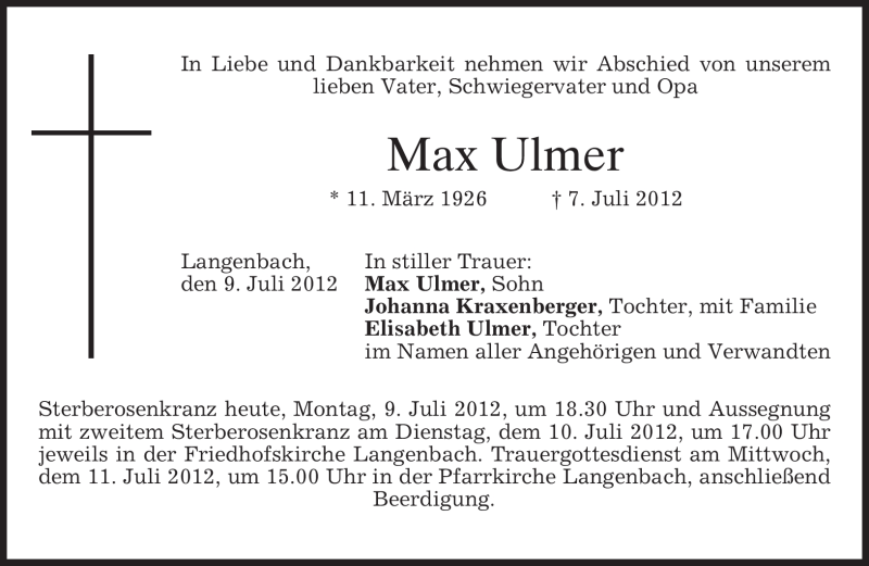  Traueranzeige für Max Ulmer vom 09.07.2012 aus MERKUR & TZ
