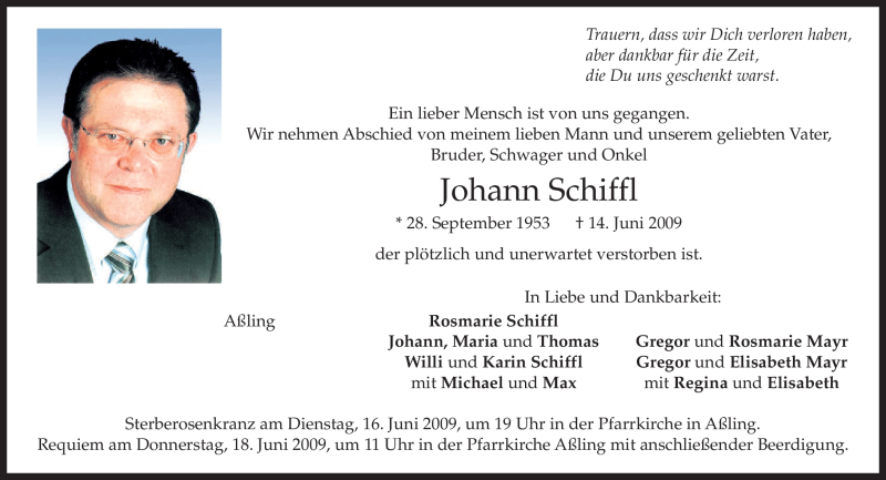  Traueranzeige für Johann Schiffl vom 16.06.2009 aus MERKUR & TZ