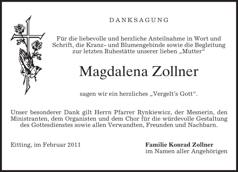  Traueranzeige für Magdalena Zollner vom 26.02.2011 aus MERKUR & TZ