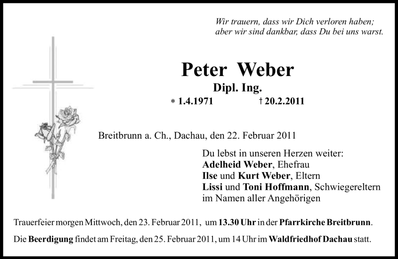  Traueranzeige für Peter Weber vom 22.02.2011 aus MERKUR & TZ