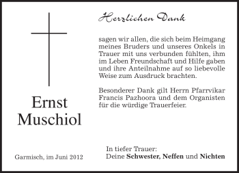 Traueranzeige von Ernst Muschiol von MERKUR & TZ