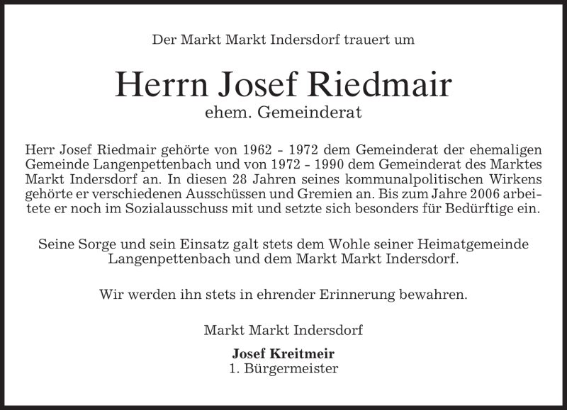  Traueranzeige für Josef Riedmair vom 22.05.2010 aus MERKUR & TZ