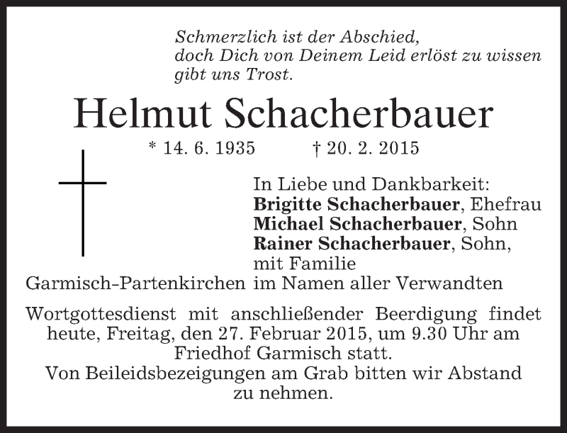  Traueranzeige für Helmut Schacherbauer vom 27.02.2015 aus merkurtz