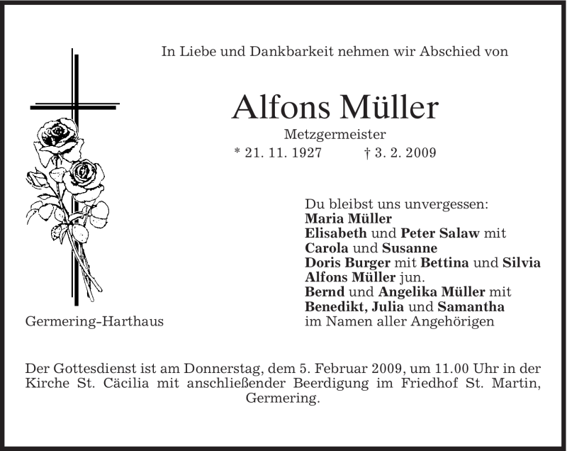  Traueranzeige für Alfons Müller vom 04.02.2009 aus MERKUR & TZ