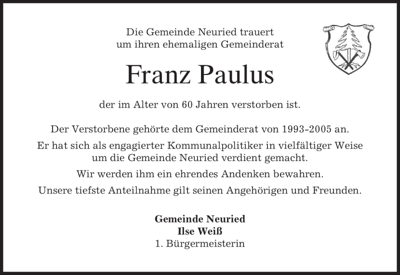  Traueranzeige für Franz Paulus vom 18.09.2010 aus MERKUR & TZ