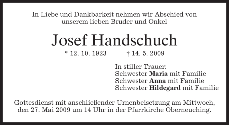  Traueranzeige für Josef Handschuch vom 25.05.2009 aus MERKUR & TZ