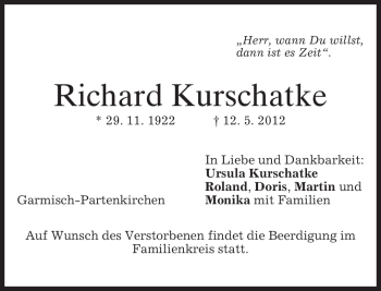 Traueranzeige von Richard Kurschatke von MERKUR & TZ
