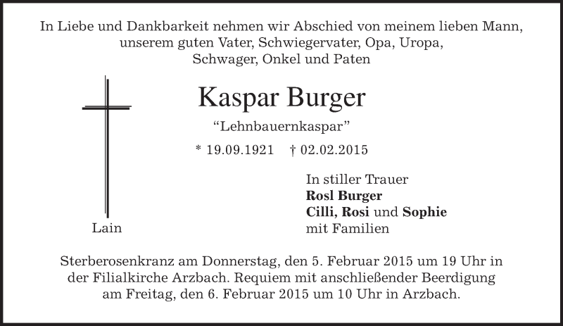  Traueranzeige für Kaspar Burger vom 04.02.2015 aus merkurtz