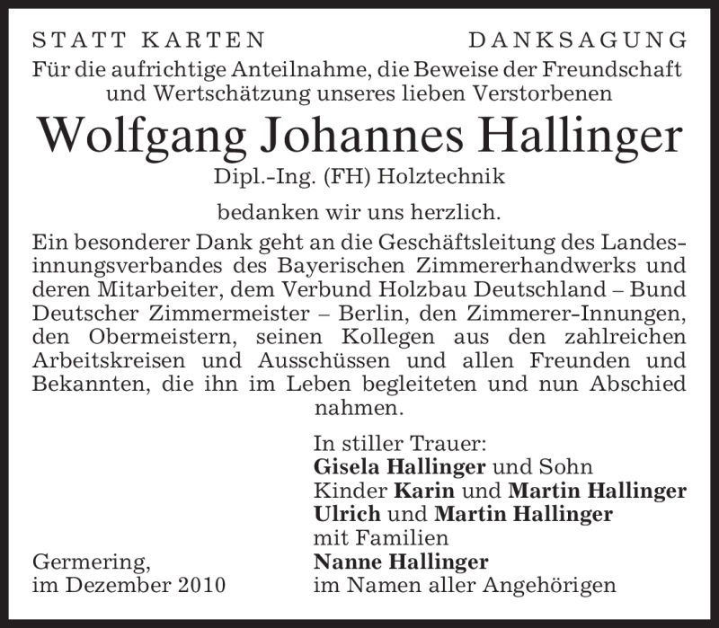  Traueranzeige für Wolfgang Johannes Hallinger vom 07.12.2010 aus MERKUR & TZ