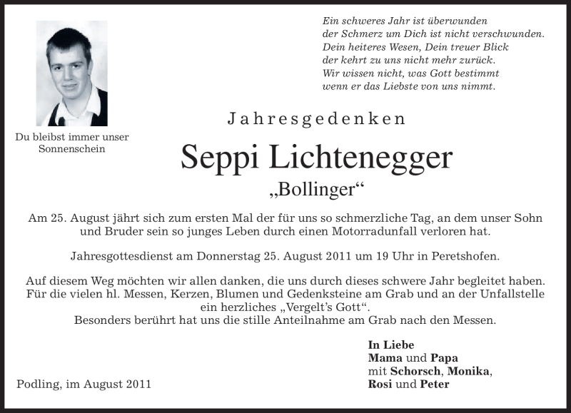  Traueranzeige für Seppi Lichtenegger vom 20.08.2011 aus MERKUR & TZ