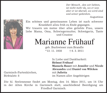 Traueranzeige von Marianne Frühauf von MERKUR & TZ