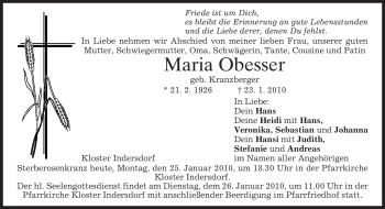 Traueranzeige von Maria Obesser von MERKUR & TZ