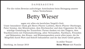 Traueranzeige von Betty Wieser von MERKUR & TZ