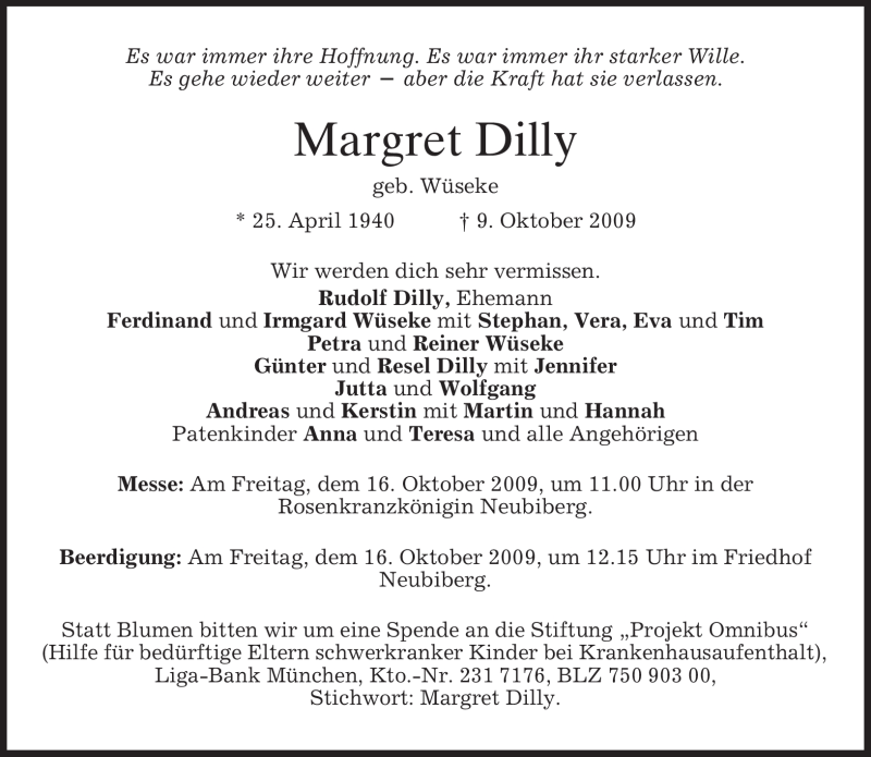  Traueranzeige für Margret Dilly vom 14.10.2009 aus MERKUR & TZ