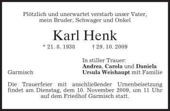 Traueranzeige von Karl Henk von MERKUR & TZ