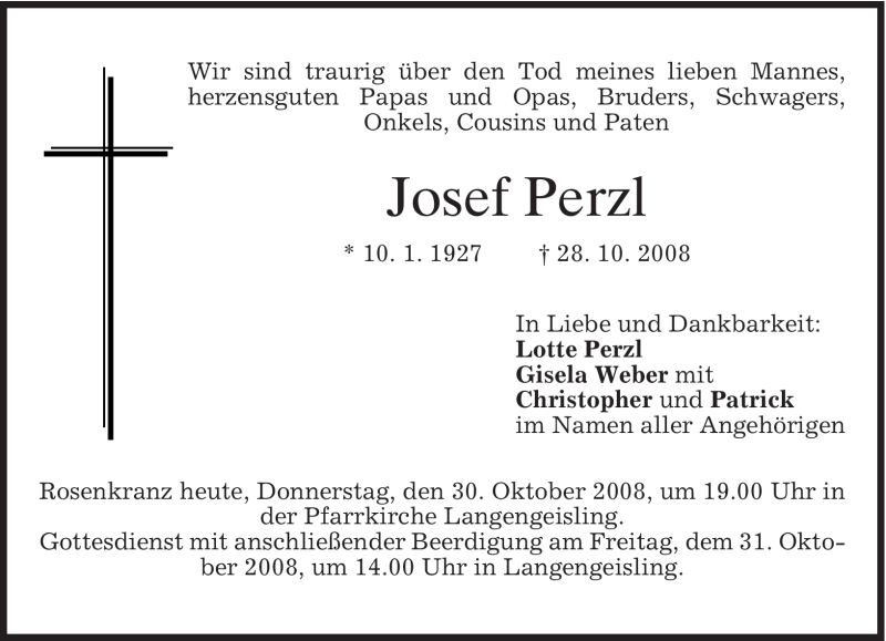  Traueranzeige für Josef Perzl vom 30.10.2008 aus MERKUR & TZ