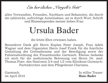 Traueranzeige von Ursula Bader von MERKUR & TZ