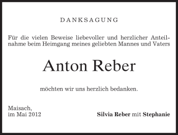 Traueranzeige von Anton Reber von MERKUR & TZ